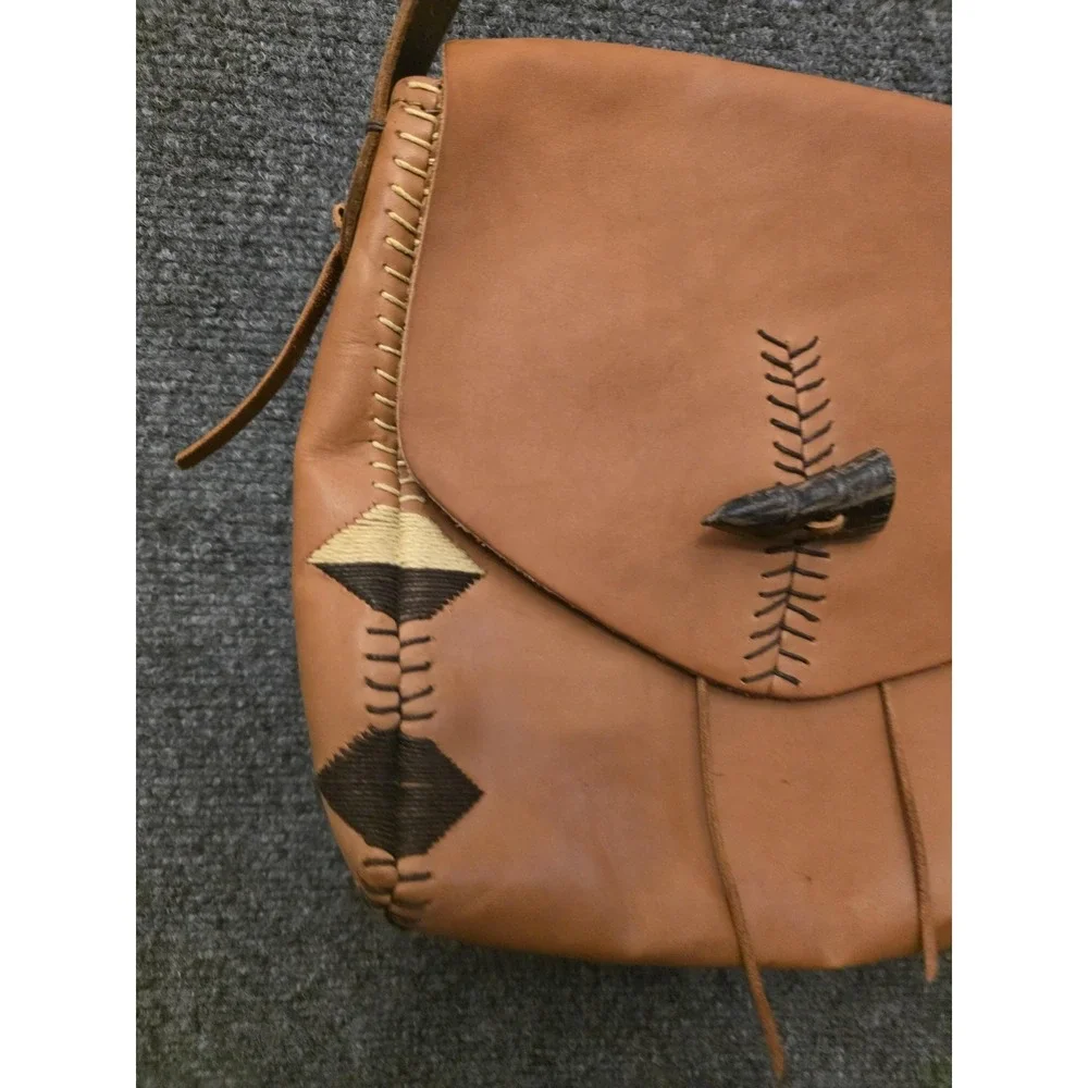 Y2K Lucky Brand Shoulder Bag  Medium Brown Leather Geometric‎ Whipstitch Rare